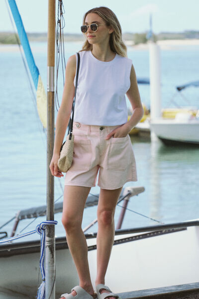 Relaxed Front Pocket Tab Short, WASHED CORAL STRIPE