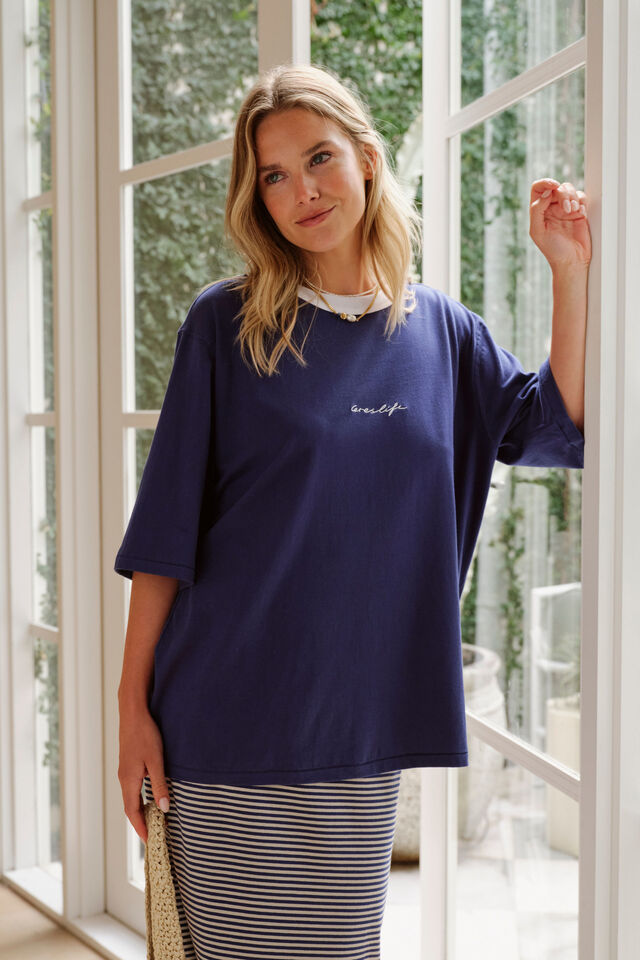 Luna Relaxed Tee, PRUSSIAN BLUE/CERES SCRIPT EMBROIDERY
