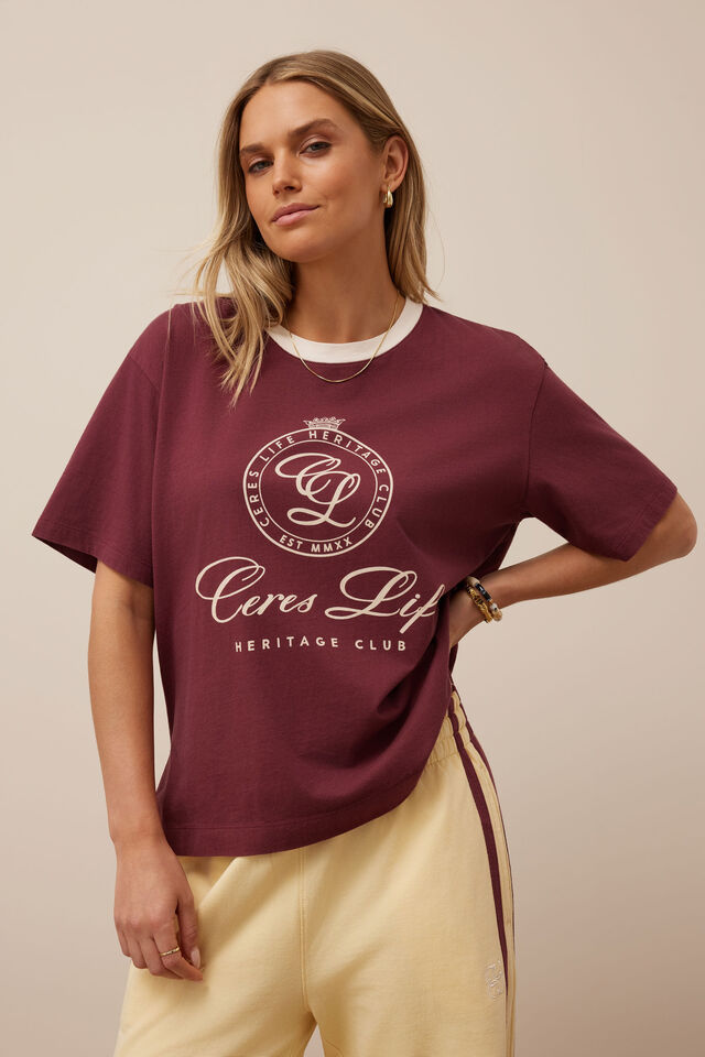 Stevie Slouchy Tee, WASHED BURGUNDY/CLUB LOGO