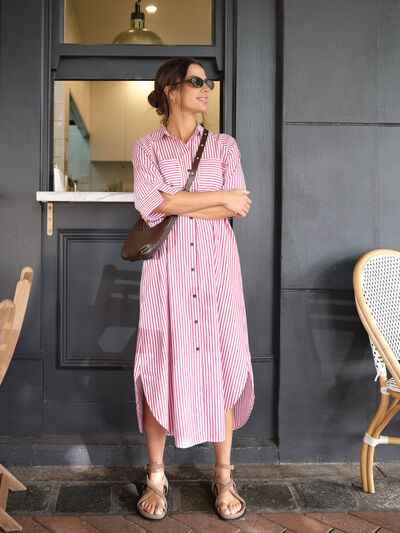 Classic Shirt Dress Jf, CLARET RED WHITE STRIPE
