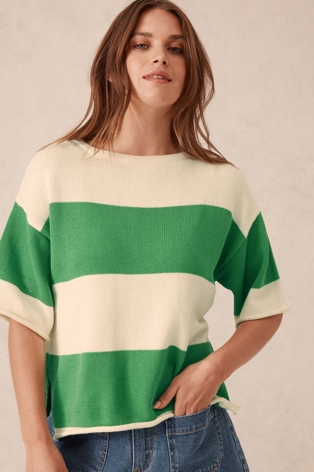 Boxy Knit Tee, GRASS/EGGSHELL BOLD STRIPE