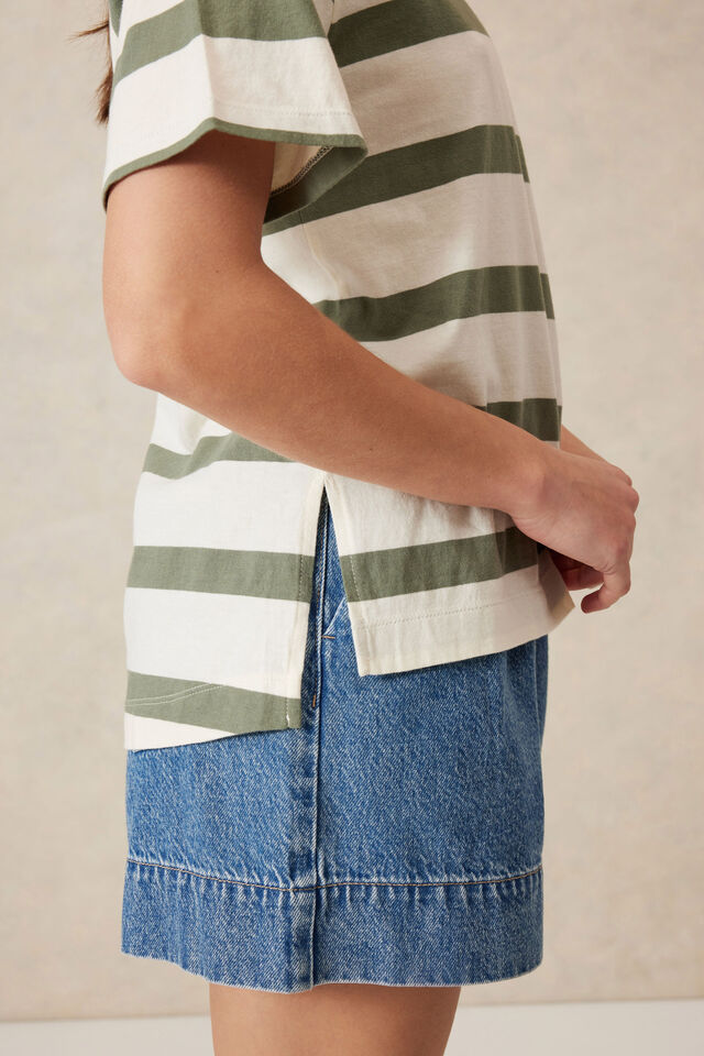 Stevie Slouchy Split Hem Tee, EGGSHELL/MOSS GREEN BOLD STRIPE