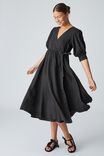 Linen Wrap Midi Dress, BLACK - alternate image 1