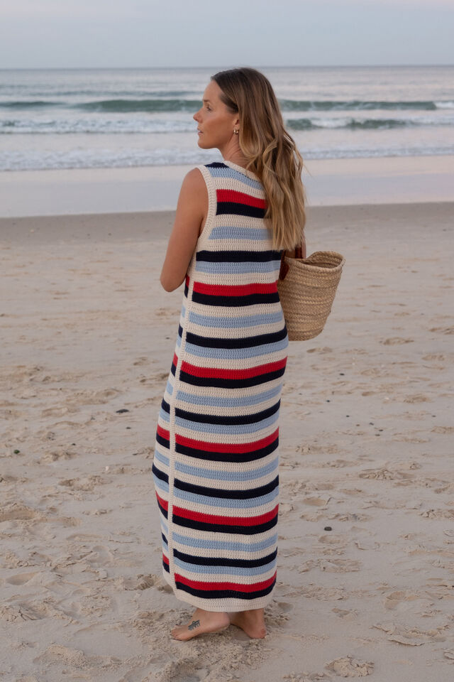 Textured Multi Stripe Knit Midi Dress, HERITAGE RED STRIPE