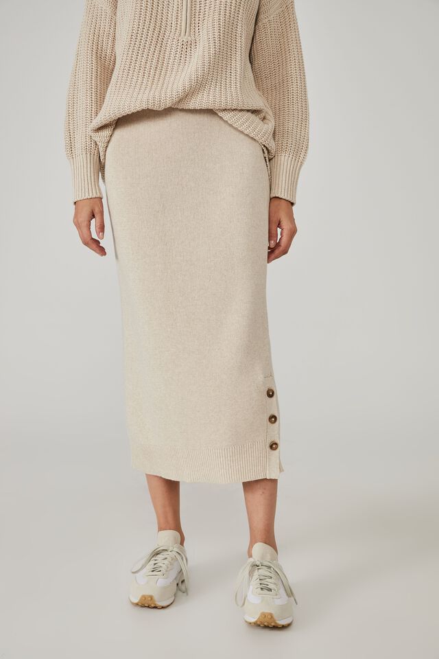 Australian Cotton Knit Midi Skirt, OATMEAL MARLE