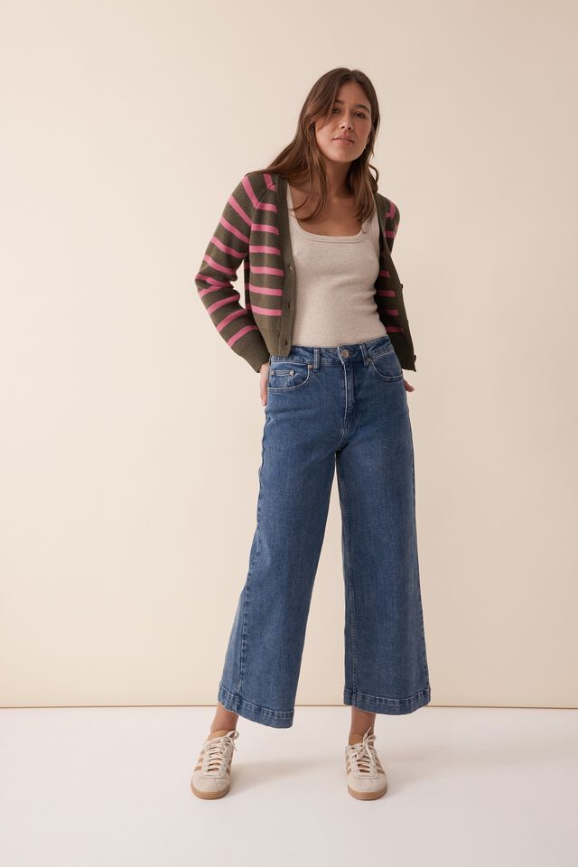 Jacqui Felgate Knitted Cardigan In Recycled Blend, MILITARY GREEN STRIPE