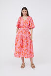 Belted Balloon Sleeve Dress In Organic Cotton, SUNSET PINK TWO TONE FLORAL - alternate image 1