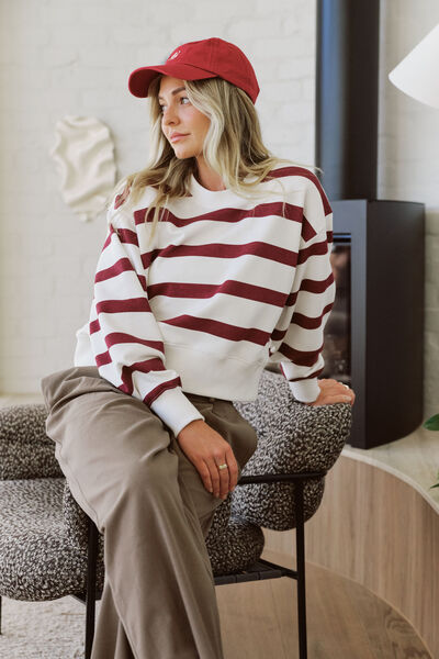Cropped Slouchy Crew, BURGUNDY STRIPE