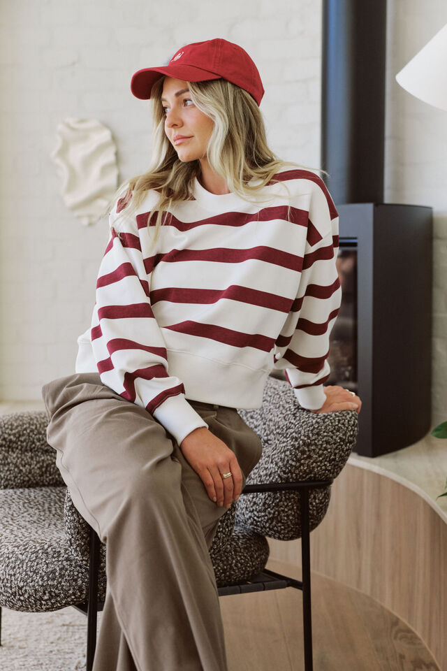 Cropped Slouchy Crew, BURGUNDY STRIPE