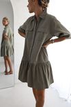 Twill Dress With Tier In Rescue Cotton, FOG GREEN - alternate image 1