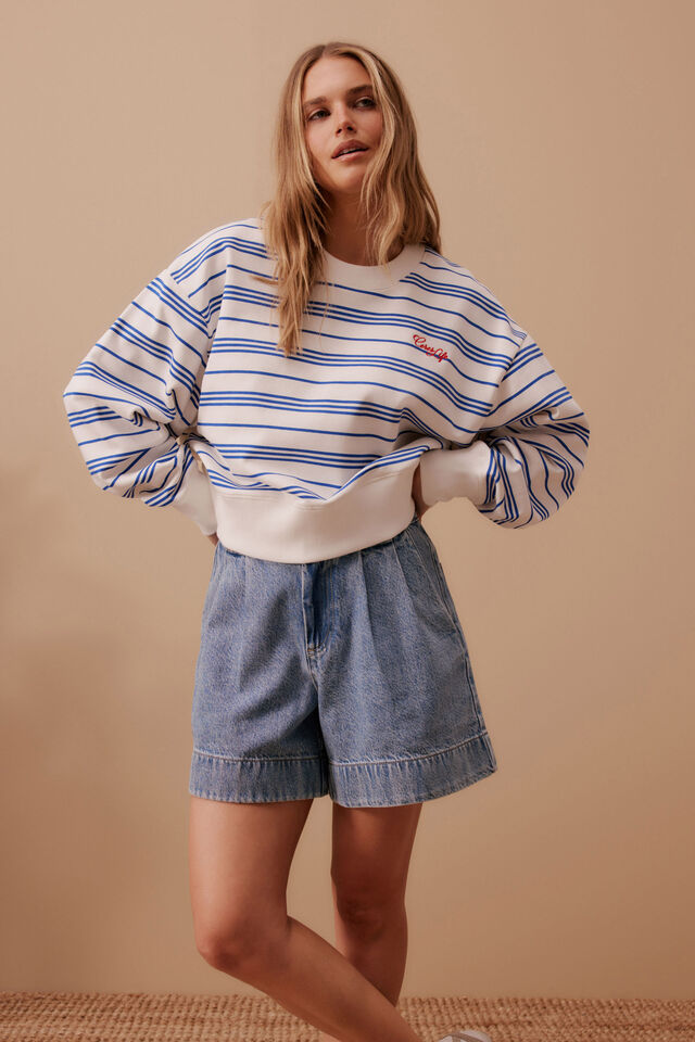 Cropped Slouchy Crew, WARM WHITE BLUE AZURE STRIPE