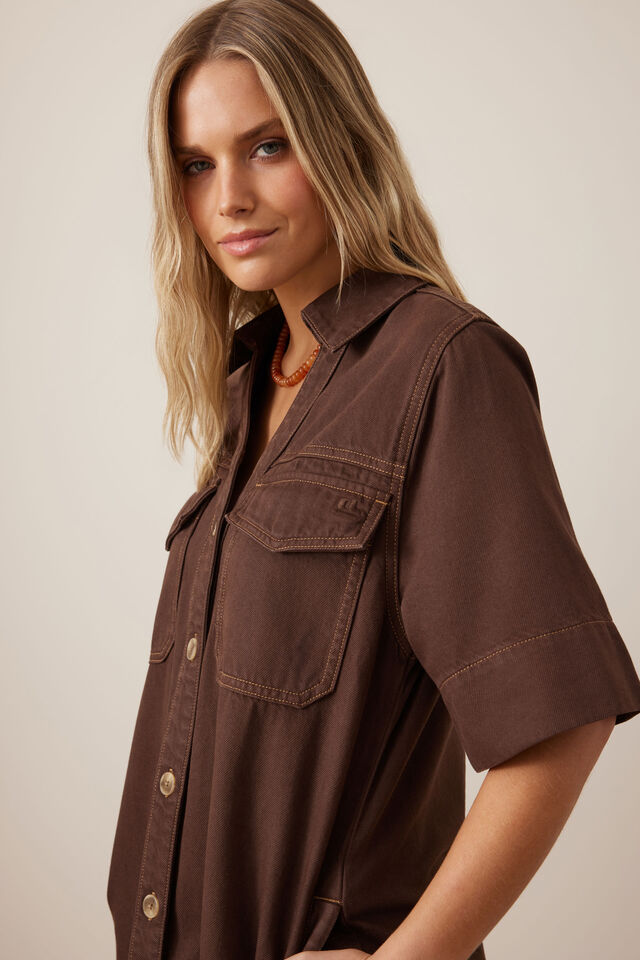 Bonnie Relaxed Shirt Dress, CHOCOLATE