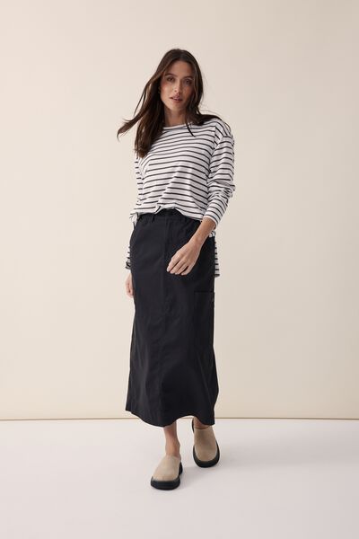 Slouchy Split Hem L/S Tee In Australian Cotton, VANILLA /PHANTOM FINE STRIPE
