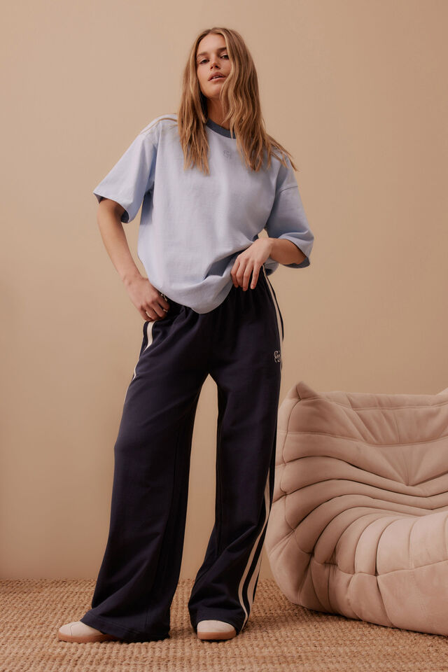 Gigi Wide Leg Terry Trackpant, NEW NAVY SIDE STRIPE