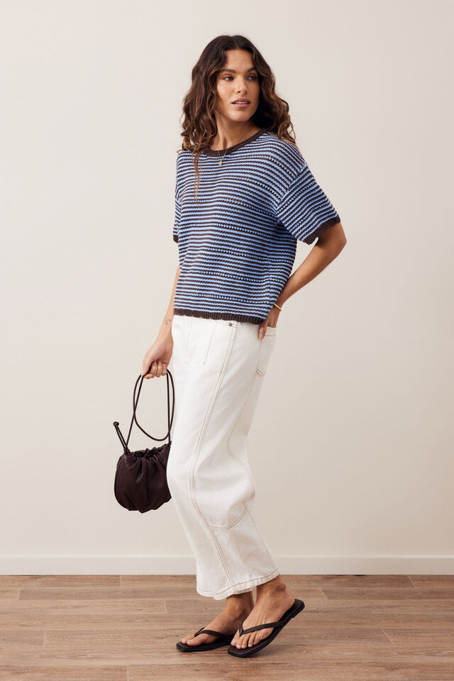 Nina Boxy Knit Tee, BRUNETTE SKY BLUE STRIPE