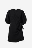 Wrap Mini Dress In Cotton Linen Blend, BLACK - alternate image 2