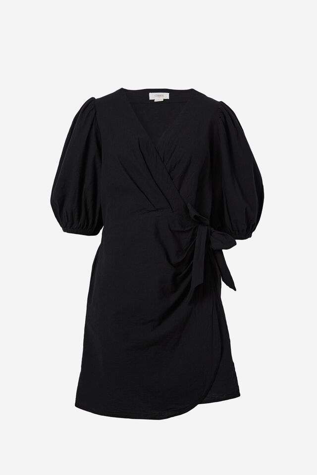 Wrap Mini Dress In Cotton Linen Blend, BLACK