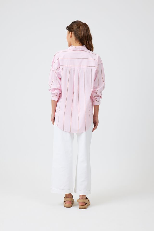 Oversized Poplin Shirt In Organic Cotton, WASHED PINK AND WARM GINGER STRIPE