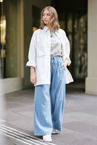 Andie Wide Leg Drawstring Pant, BLUE HERRINGBONE