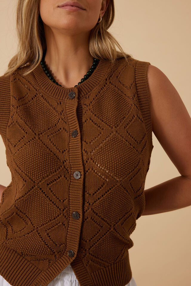 Dahlia Diamond Knit Vest, TOFFEE