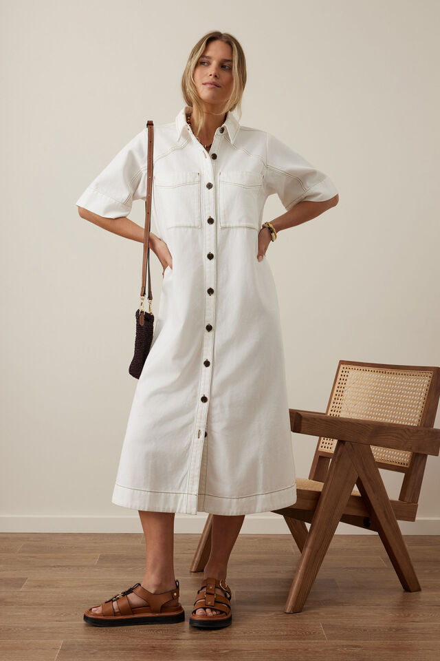 Ava Short Sleeve Midi Dress, FRESH ECRU TWILL