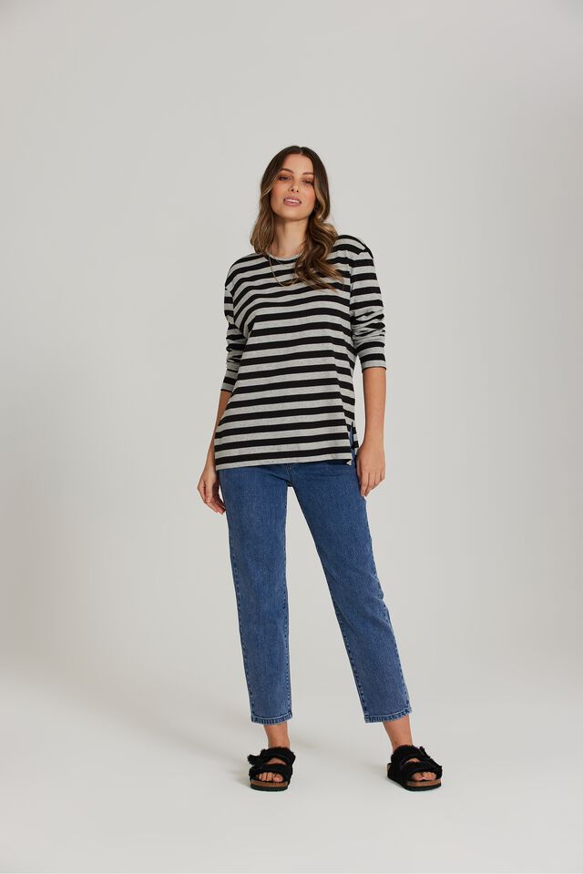 Organic Oversized Ls Cuff Step Hem Tee, GREY MARLE/BLACK MIDI STRIPE