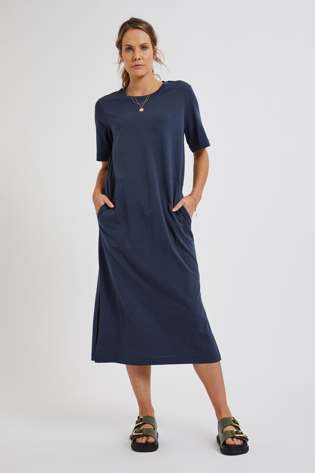 Short Sleeve Midi Dress In Organic Cotton, SMOKE BLUE