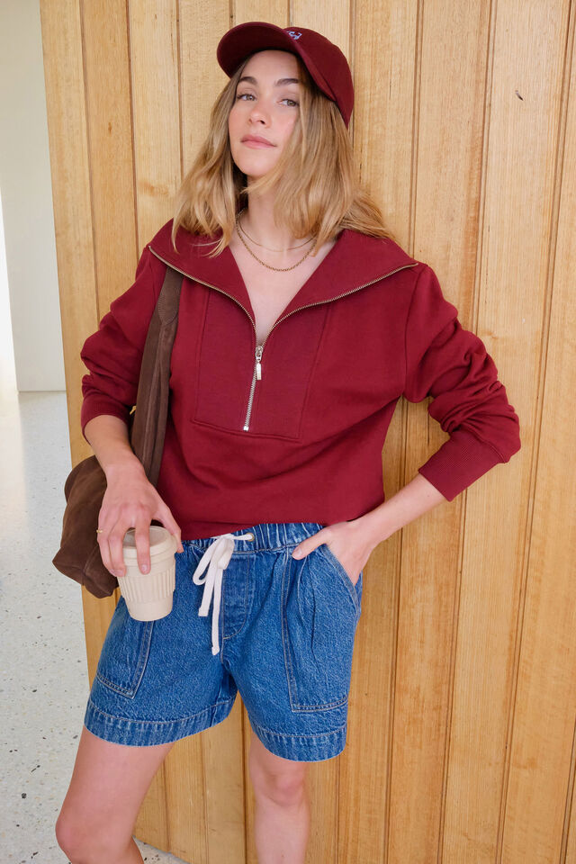 Isabella Half Zip Sweat, BURGUNDY