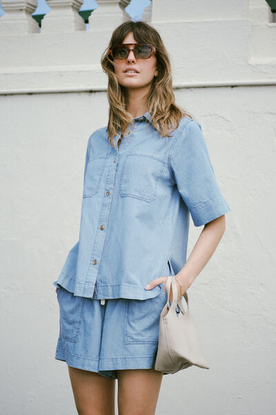 Relaxed Short Sleeve Shirt, VINTAGE BLUE PINSTRIPE