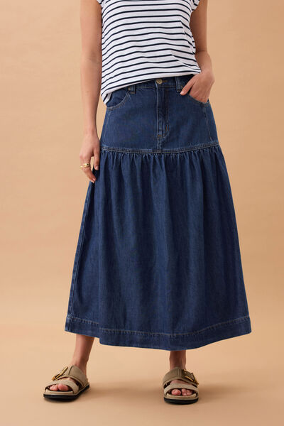 Drop Waist Denim Midi Skirt, CASPIAN BLUE