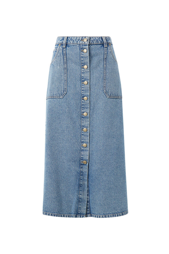 Button Through Denim Midi Skirt, MID VINTAGE BLUE