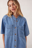 Collarless Relaxed Short Sleeve Denim Dress, VINTAGE BLUE - alternate image 5