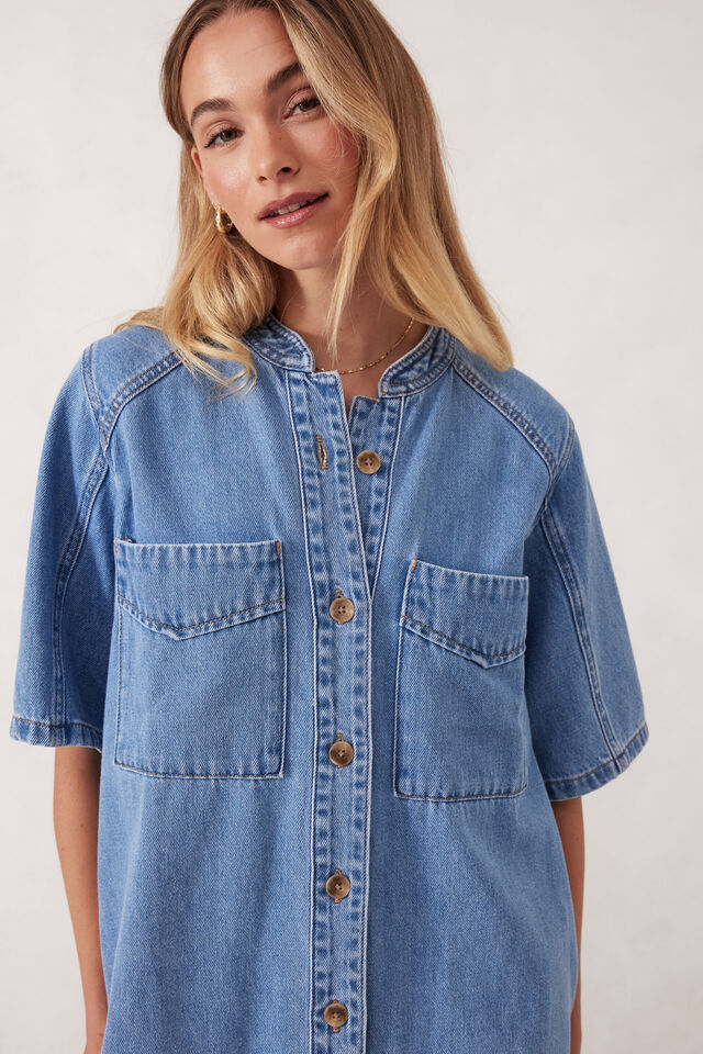 Collarless Relaxed Short Sleeve Denim Dress, VINTAGE BLUE