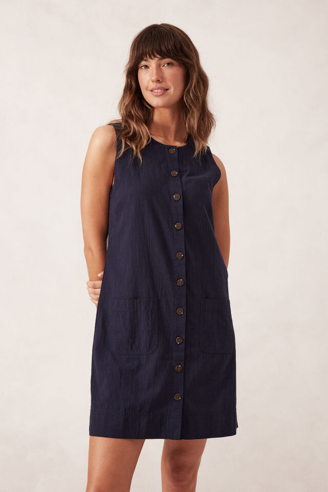 Button Through Mini Shift Dress, NEW NAVY