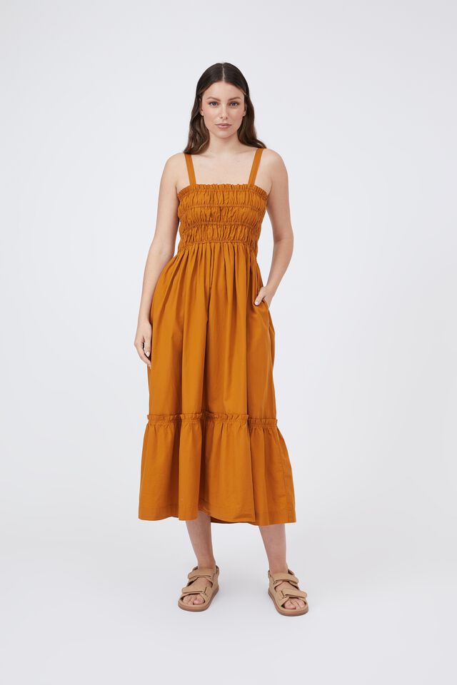 Shirred Strappy Dress In Organic Cotton Poplin, TUMERIC