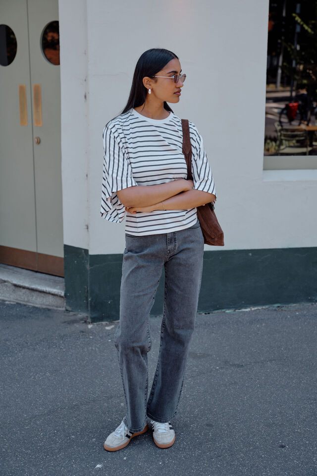 Lucy Relaxed Sleeve Tee, VANILLA /PHANTOM FINE STRIPE