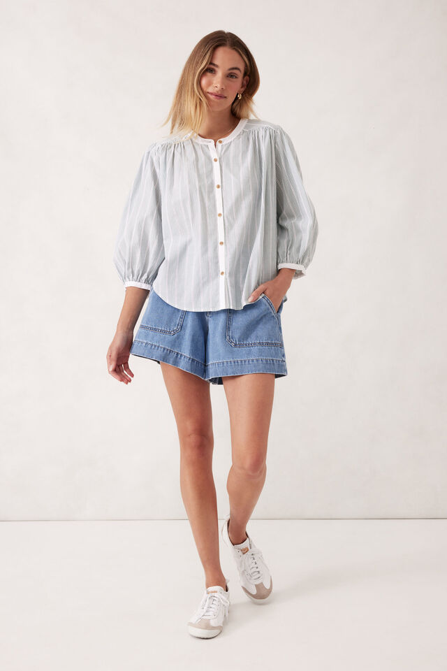 Woven Collarless Top, GREEN LADDER STRIPE