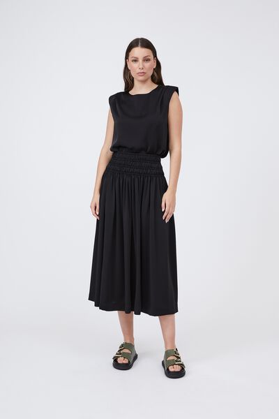 Satin Shirred Midi Skirt, BLACK