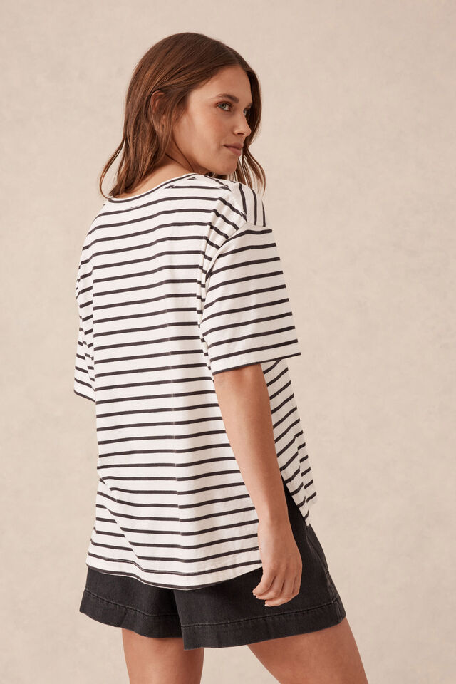 Slouchy Split Hem Tee, VANILLA /PHANTOM FINE STRIPE