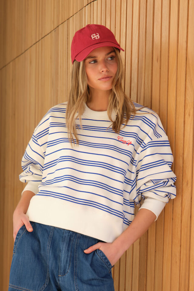 Cropped Slouchy Crew, WARM WHITE BLUE AZURE STRIPE