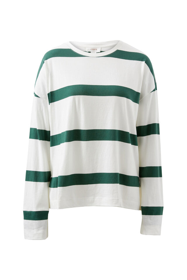Slouchy Long Sleeve  Tee, VANILLA PINE GREEN BOLD STRIPE