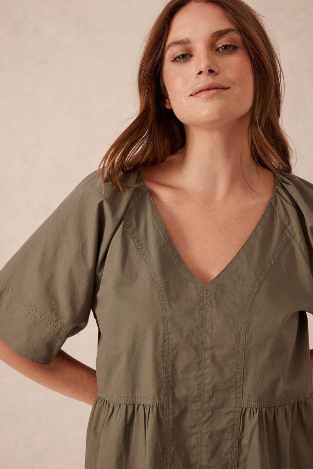 Tiered Poplin Mini Dress, SOFT OLIVE