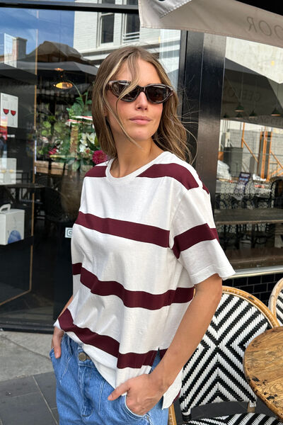 Stevie Slouchy Split Hem Tee, VANILLA/BURGANDY STRIPE