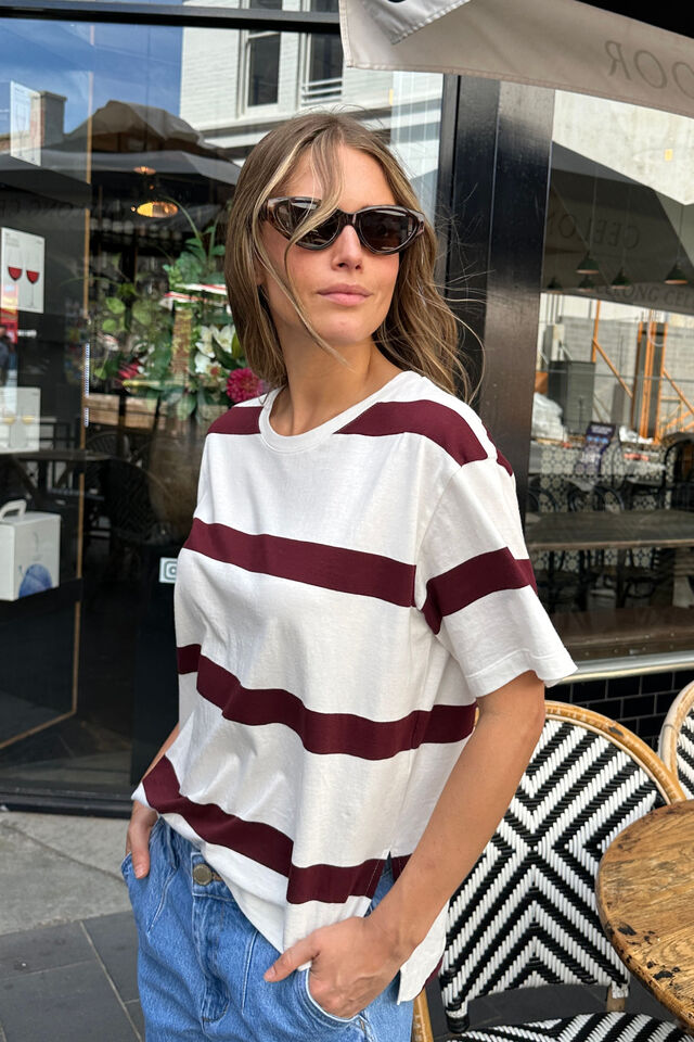 Stevie Slouchy Split Hem Tee, VANILLA/BURGANDY STRIPE