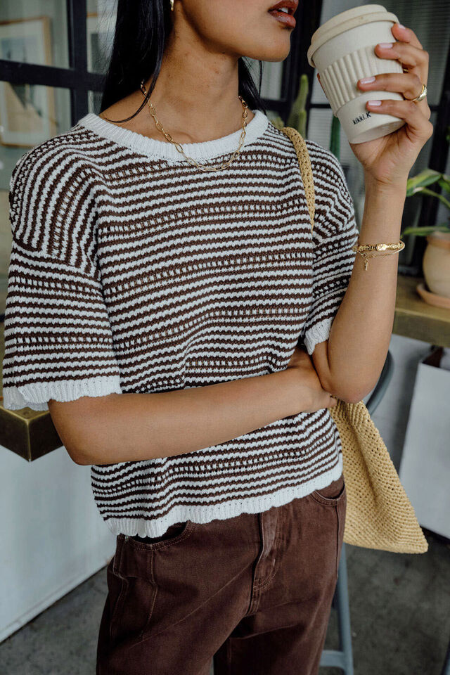Nina Boxy Knit Tee, CHOCOLATE STRIPE