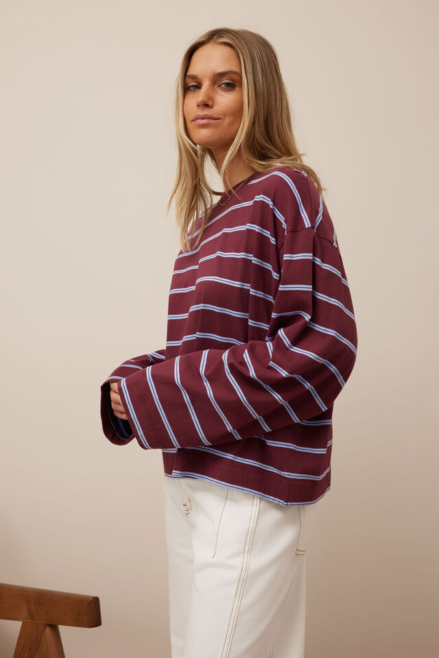 Beau Long Sleeve Slouchy Tee, WASHED BURGUNDY/SKY BLUE
