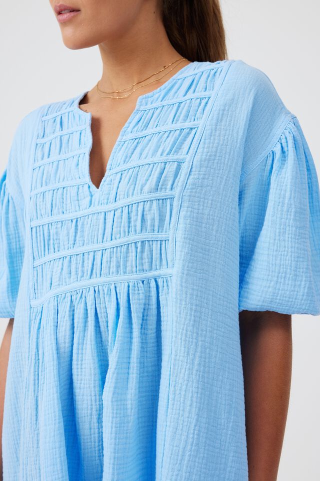 Doublecloth Gathered Yoke Dress In Organic Cotton, BLUE SKY