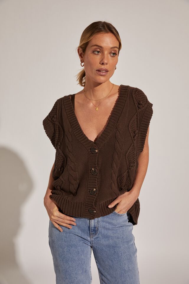 Chunky Cable Vest In Organic Cotton, BITTER CHOC