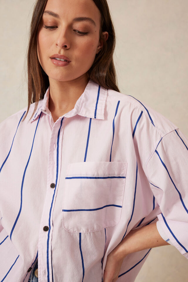 Oversized Shirt, PINK BLUE STRIPE ORGANIC COTTON