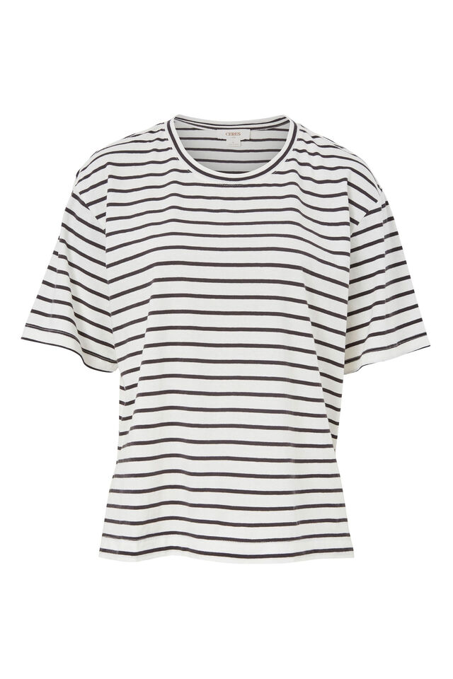 Slouchy Split Hem Tee In Australian Cotton, VANILLA /PHANTOM FINE STRIPE